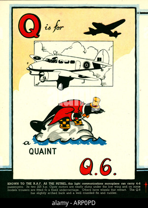 Q ist für Q6 Petrel 1943 englische Kriegszeit Alphabet Kinderbuch von Flugzeugen des britischen Lichtebene Stockfoto