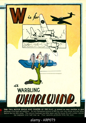 W ist für Wirbelwind 1943 englische Kriegszeit Alphabet Kinderbuch des Kampfes gegen Flugzeuge der RAF Kämpfer Stockfoto