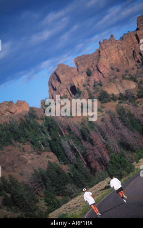 USA, Wyoming, Jogger entlang der Shoshone River-Straße in der Wapiti Valley, Yellowstone, Cody Stockfoto