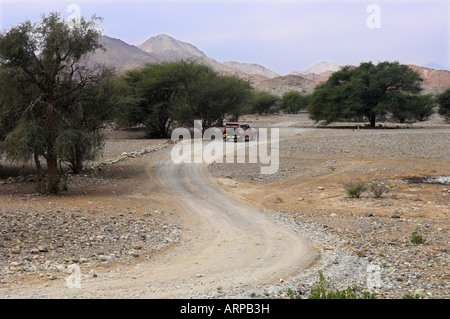 [Feldweg] in Wadi in der Nähe von Ar Rustaq Berge im Hintergrund Oman Stockfoto