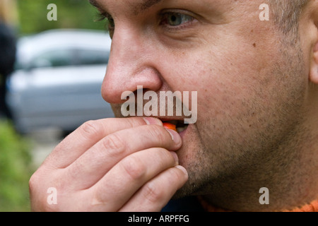 Mann Verkostung Hagebutte Beere Stockfoto