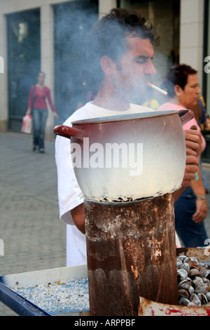 Dampfende süße Kastanien Topf und Grill in den Straßen Sevilla Andalusien Spanien Stockfoto