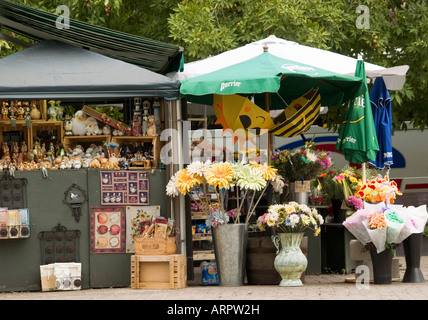 Eine Blume und ein Souvenirgeschäft Stand auf D'Arms Platz vor der Basilika Notre Dame, Vieux Montreal Quebec Kanada Stockfoto