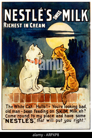 Schmiegt sich Milch Katzen Anzeige 1898 Plakat für die Schweizer verarbeitete Milch reichsten In Creme genau richtig, um Ihre Katze zu mästen Stockfoto