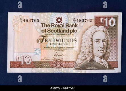 dh Scottish Money Ten Pounds MONEY SCOTLAND UK Royal Bank Von Schottland Note RBS Banknote 10 Pfund Noten ausgeschnitten Bargeld Stockfoto