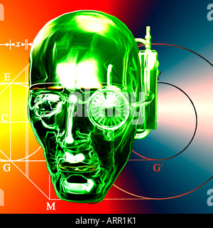 3D Roboter Gesicht trägt eine bionische Brillen mit mathematischen Symbolen auf Hintergrund projiziert Stockfoto