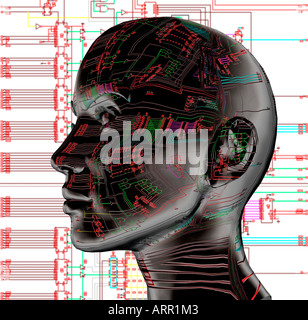 computergenerierte 3D weibliche Roboterkopf mit Leiterplatte projiziert Hintergrund und mathematischen Symbolen zusammengesetzt im Bereich des Gehirns Stockfoto