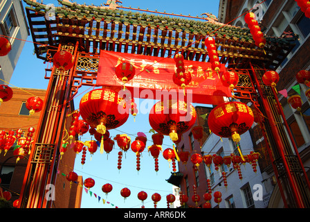 Chinese New Year Dekorationen, Chinatown, Soho, West End, London, England, Vereinigtes Königreich Stockfoto