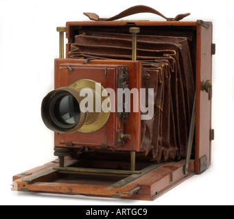 Vintage Antik Holz halbe Platte Leder Falten Bälge Kameraverschluss Rollo Stockfoto