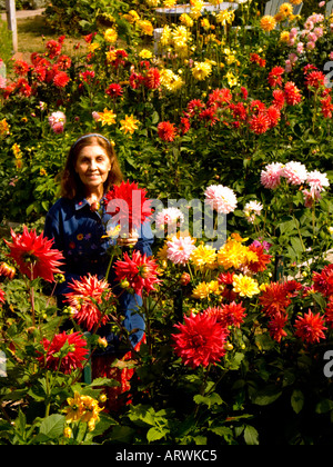 Stolze Gärtner Posen inmitten ihrer Fülle von Dahlia Blüten zeigen eine Vielzahl von Farben Stockfoto