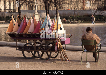 Jardin des Tuileries in Paris Teich mit Mann saß Modell Segelboote zu mieten für Börsenspekulanten warten Stockfoto