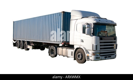 Europäische Flachbett-18-Wheeler mit Metallbehälter Stockfoto