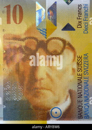 Eine Nahaufnahme des Porträts von Le Corbusier auf der Rückseite einer zehn Schweizer-Franken-Note. Stockfoto