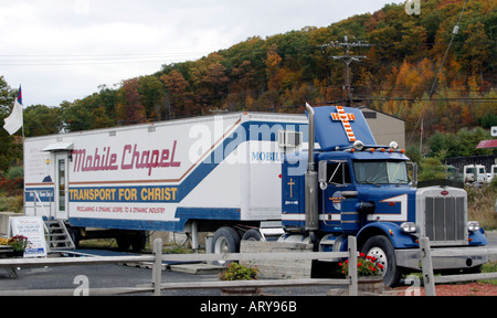 Mobile-Kapelle Kirche in einem LKW auf einem Rastplatz im Bundesstaat New York Stockfoto