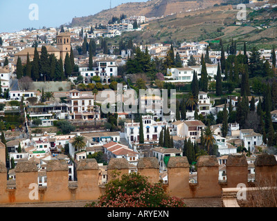 Blick über Albaicín Bezirk Dächer zeigen die charakteristischen maurischen Architektur der Gegend.  Granada Andalusien Spanien Stockfoto