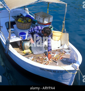 GRIECHISCHE FISCHER MIT FRISCHEN FANG BEI DER ARBEIT AUF SEINEM BOOT Stockfoto