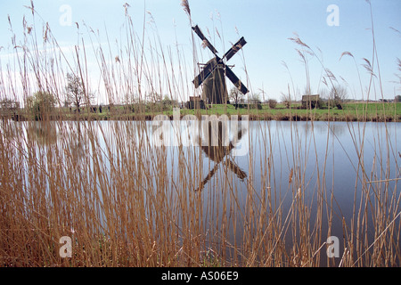 Typische holländische Landschaft mit Wasser und historische 18. Jahrhundert Windmühle Kinderdijk Niederlande Stockfoto