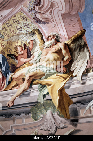 Brühl, Schloß Augustusburg, Treppenhaus, Gefesselter Saturn, Detail des Deckenmalerei Stockfoto