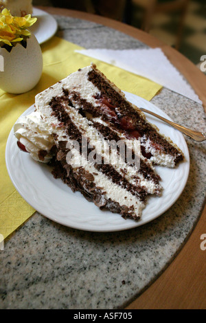 Stück Kuchen; Schwarzwälder Torten auf Teller in einem Cafe in Deutschland Stockfoto