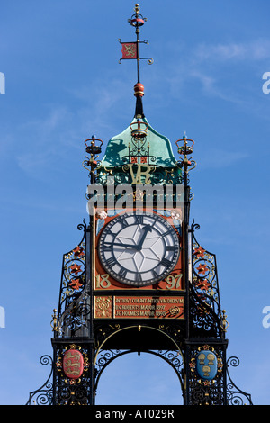 Das Eastgate Clock im Zentrum Stadt in Chester in der Grafschaft Cheshire in Nordwestengland Stockfoto