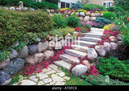 STEINSTUFEN VERBINDEN EBENEN VON MINNESOTA STAUDENGARTEN, GESÄUMT VON FULDA GLOW SEDUM.  MITTEN IM SOMMER. Stockfoto