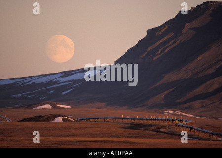 Alaska-Pipeline mit einem Vollmond über den Nordhang der Brooks Range zentrale Arktis von Alaska Stockfoto