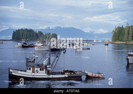 kommerzielle Sien Fischereifahrzeuge Last off wieder Kumpel oder ein Hund Lachs Oncorhynchus Keta im südöstlichen Alaska Hidden Falls Stockfoto