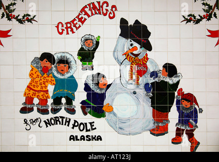 Schneemann-Wandbild an der Wand der Nordpol Weihnachtsshop Alaska USA Stockfoto