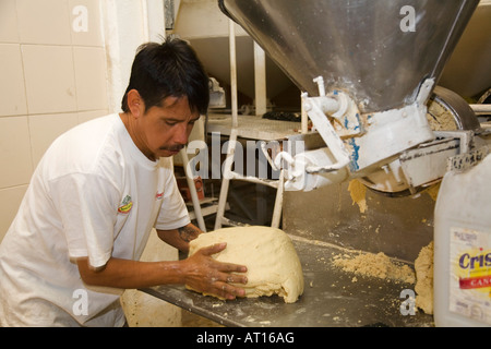 Mexiko Guanajuato männliche Mitarbeiter verarbeiten Teig für flache Brote in kleine Tortilla machen Shop Mais Mühle und Maschinen Stockfoto