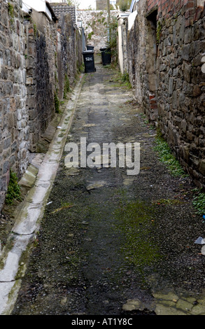 Hintere Gasse mit Steinmauern zwischen viktorianischen Reihenhäusern in Merthyr Tydfil South Wales UK Stockfoto