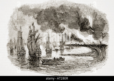 Niederländische Flotte in der Medway, England. Burning Off Sheerness, 1667. Stockfoto