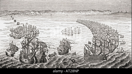 Die englische Flotte unter dem Kommando von Sir Francis Drake, die spanische Armada angreift, 1588. Stockfoto