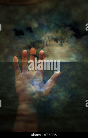 Hand mit digitalen Informationen Konzept Idee global business Stockfoto