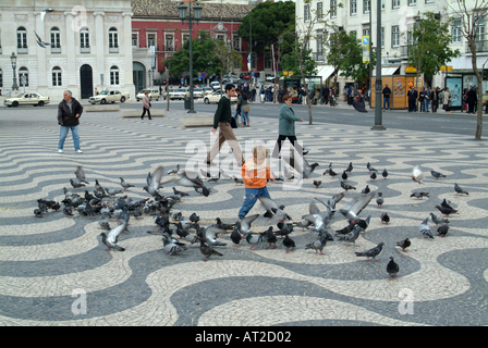 Junge Tauben in Lissabon Rossio-Platz jagen Stockfoto