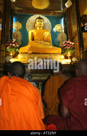 Mönche im Morgengebet vor Buddha, Mahabodhi Tempel, Bodhgaya, Bihar, Indien Stockfoto