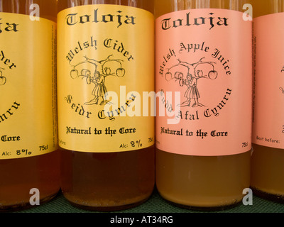 TOLOJA Welsh Apfelsaft und natürlichen lokalen Apfelwein Lebensmittel zum Verkauf bei Aberystwyth Bauernmarkt Februar 2008 Stockfoto