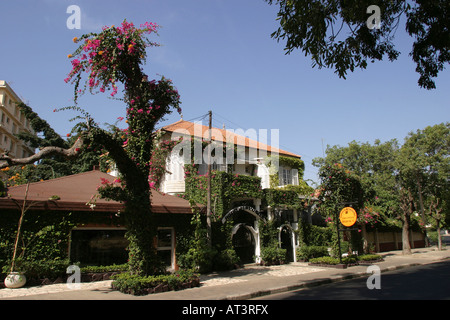 Senegal Dakar Central Avenue Pasteur Bougainvillea bedeckt shop Stockfoto