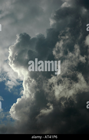 Helles Sonnenlicht hinter sehr großen dramatischen schwarzen Gewitterwolken. Geeignet für den Einsatz als Hintergrundbild. Stockfoto