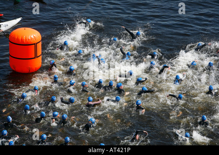 Schwimmer starten 2007 London Triathlon im Royal Victoria Dock, London Stockfoto