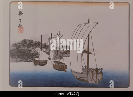 Bildende Kunst, Hiroshige, Ando, (1797-1858), "Fischerboote nach Hause kommen zu Yavase', farbige Holzschnitt, Japan, ca. 1835, Artist's Urheberrecht nicht geklärt zu werden. Stockfoto