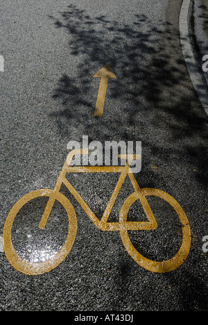 Gelbes Fahrrad Schild mit Pfeil auf nasser Fahrbahn gemalt. Stockfoto