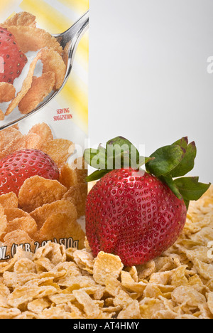 Müslischachtel mit Cornflakes Frühstück für Kinder Nahaufnahme von oben sehr hochauflösende Bilder im vertikalen Format in den USA hochauflösende Bilder Stockfoto