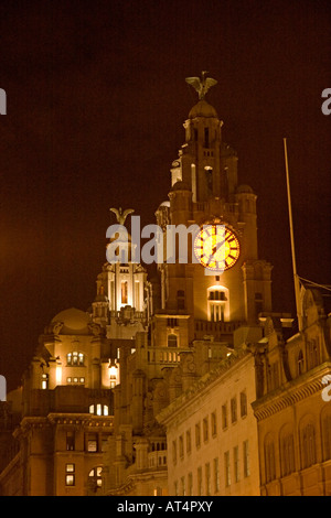 Nachtansicht der Türme des Royal Liver Building in Liverpool Stockfoto