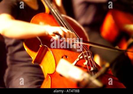 Orchestra cellist performing, close up Stockfoto