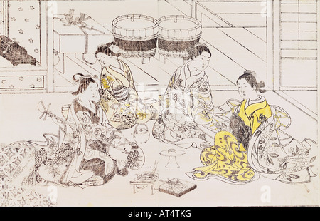 Bildende Kunst, Sukenobu, Nishikawa (1671-1751), "Drei oirans und samisen Spieler mit T-Stück", Seite, von "Ehon tokiwa Schilddrüse" (das Leben der Frauen), shamisen, Holzschnitt, farbig, 27 x 33 cm, Osaka, Morita Shotaro Verlag, 1731, Privatsammlung, Japan, Artist's Urheberrecht nicht geklärt zu werden. Stockfoto