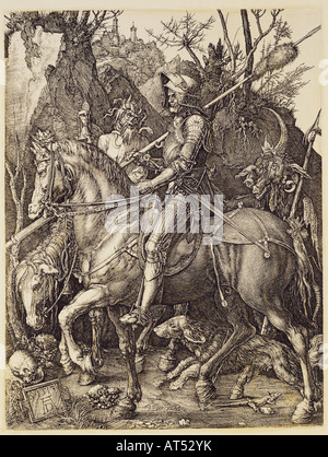 Bildende Kunst, Dürer, Albrecht (1471-1528), Kupferstich, "Ritter, Tod und Teufel" (Ritter, Tod und Teufel), 1513, 24,4 cm x 18,9 cm, Privatsammlung, Artist's Urheberrecht nicht gelöscht werden Stockfoto