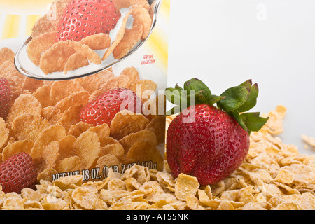 Müslischachtel mit Corn Flakes Frühstück für Kinder mit rotem Erdbeerobenkopf große hochauflösende Bilder Bilder Bilder Fotos horizontal in den USA Hi-res Stockfoto