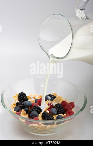 Müsli-Maisflocken in einer Glasschale mit Milch, die auf die Maisflocken und Beerenfrüchte Bilder Bilder Overhead Verkauf auf alamy vertikal in USA US hochauflösend gießt Stockfoto