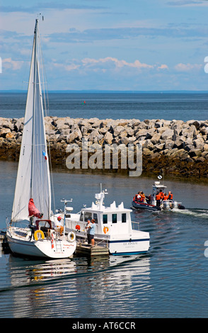 Pneumatische Boot voller Touristen verlassen Rimouski Marina für einen Ausflug auf St Barnabé Insel Stockfoto