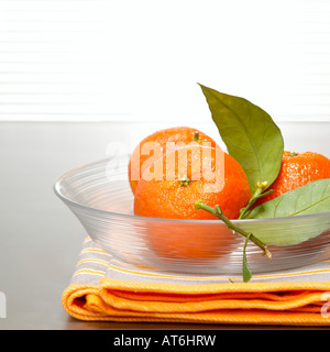 Mandarinen in Glasschale, Nahaufnahme Stockfoto